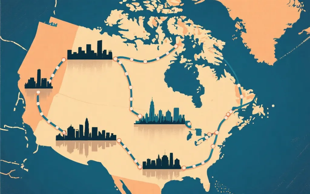 北美多城市观赛旅行路线示意：海岸线城市与内陆城市串联